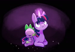 Size: 2100x1467 | Tagged: safe, artist:inkstones, imported from derpibooru, spike, twilight sparkle, dragon, pony, unicorn, black background, cute, duo, eyes closed, female, glowing horn, horn, lying down, male, mare, prone, simple background, sitting, spikabetes, twiabetes, unicorn twilight