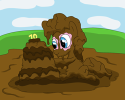 Size: 2000x1600 | Tagged: safe, artist:amateur-draw, imported from derpibooru, pinkie pie, earth pony, pony, anniversary, cake, female, food, mare, mlp fim's tenth anniversary, mud, mud pie, mud play, muddy, simple background, sitting, solo