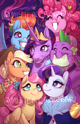 Size: 792x1224 | Tagged: safe, artist:crowbartk-hullo, artist:mistercrowbar, imported from derpibooru, applejack, fluttershy, pinkie pie, rainbow dash, rarity, spike, twilight sparkle, alicorn, dragon, earth pony, pegasus, pony, unicorn, the last problem, eyes closed, female, happy birthday mlp:fim, male, mane seven, mane six, mare, mlp fim's tenth anniversary, obtrusive watermark, older, older applejack, older fluttershy, older mane seven, older mane six, older pinkie pie, older rainbow dash, older rarity, older spike, older twilight, one eye closed, princess twilight 2.0, smiling, twilight sparkle (alicorn), watermark, winged spike, wings