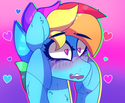 Size: 976x806 | Tagged: safe, artist:aaa-its-spook, imported from derpibooru, rainbow dash, pony, blushing, bust, cheek fluff, chest fluff, ear fluff, female, heart, heart eyes, implied lesbian, implied shipping, implied twidash, leg fluff, portrait, solo, wingding eyes