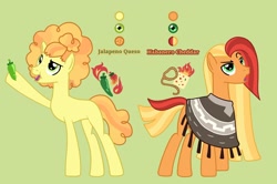 Size: 1920x1275 | Tagged: safe, artist:sir-psych0-s3xy, imported from derpibooru, oc, oc only, oc:habanero cheddar, oc:jalapeno queso, earth pony, pony, unicorn, base used, brothers, clothes, food, green background, jalapeño, male, offspring, parent:cheese sandwich, parent:pinkie pie, parents:cheesepie, pepper, poncho, siblings, simple background, stallion