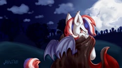 Size: 900x507 | Tagged: safe, artist:avui, imported from derpibooru, oc, oc only, oc:britannia, oc:britannia (uk ponycon), bat pony, pony, cloak, clothes, cloud, forest, full moon, moon, signature, solo, spooky, uk ponycon, ukponycon