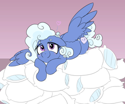 Size: 3627x3000 | Tagged: safe, artist:comfyplum, imported from derpibooru, oc, oc only, oc:comfy pillow, pegasus, pony, blushing, cute, female, heart, looking at you, lying down, mare, pegasus oc, pillow, pillow pile, soft, solo, wings