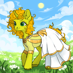 Size: 1024x1024 | Tagged: safe, imported from derpibooru, oc, unicorn, avatar maker factory, clothes, cloud, dress, meadow, scenery, tangelina