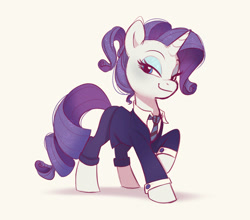 Size: 1328x1171 | Tagged: safe, artist:imalou, imported from derpibooru, rarity, pony, unicorn, /mlp/, alternate hairstyle, business suit, clothes, drawthread, female, mare, necktie, ponytail, raised hoof, requested art, shadow, simple background, solo, stupid sexy rarity, suit, white background