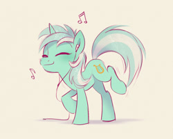 Size: 1500x1200 | Tagged: safe, artist:imalou, imported from derpibooru, lyra heartstrings, pony, unicorn, dancing, drawthread, earbuds, eyes closed, headphones, music, music notes, requested art, solo