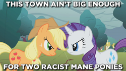 Size: 640x360 | Tagged: safe, edit, edited screencap, editor:tngjstn, imported from derpibooru, screencap, applejack, rarity, earth pony, pony, unicorn, look before you sleep, applejack's hat, bigotjack, caption, cloud, cloudy, cowboy hat, earth pony master race, female, hat, image macro, mare, meme, op is a duck, op is trying to start shit, pony racism, racism, racist barn, racisty, rarity is a based bitch, rarity is a racist bitch, rivalry, speciesism, stare, text, unicorn master race