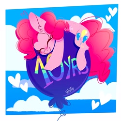 Size: 2048x2048 | Tagged: safe, artist:wutanimations, imported from derpibooru, pinkie pie, earth pony, pony, balloon, cloud, cute, diapinkes, ear fluff, eyes closed, female, floating, happy birthday mlp:fim, heart, high res, lying down, mare, mlp fim's tenth anniversary, prone, sky, smiling, solo, then watch her balloons lift her up to the sky