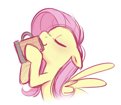 Size: 1358x1181 | Tagged: safe, artist:imalou, imported from derpibooru, fluttershy, pegasus, pony, chugging, cider, cider mug, cute, drawthread, drinking, eyes closed, female, floppy ears, mare, mug, requested art, shyabetes, simple background, solo, white background