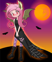 Size: 2600x3100 | Tagged: safe, artist:caoscore, imported from derpibooru, fluttershy, bat pony, human, bat ponified, blushing, boots, clothes, costume, eared humanization, fake ears, fake wings, flutterbat, flutterbat costume, halloween, holiday, humanized, mare in the moon, moon, race swap, shoes, socks, solo, stockings, thigh highs, winged humanization, wings