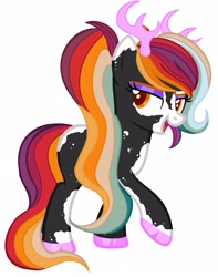 Size: 1703x2160 | Tagged: safe, imported from derpibooru, oc, oc only, deer, deer pony, original species, pony, cloven hooves, hoof polish, multicolored hair, open mouth, rainbow hair, raised hoof, simple background, solo, white background