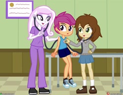 Size: 1280x989 | Tagged: safe, artist:dieart77, imported from derpibooru, fleur-de-lis, scootaloo, oc, oc:healing touch, equestria girls, checkup, clothes, converse, diploma, exam table, examining table, green eyes, gym shorts, hoodie, light skin, long hair, nurse, nurse fleur, on table, orange skin, purple eyes, scrubs (gear), shoes, short hair, shorts, sitting, skirt, sneakers, socks, stethoscope, tanktop, white skin