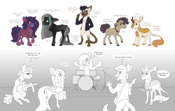 Size: 5500x3500 | Tagged: safe, artist:jackiebloom, imported from derpibooru, oc, oc:breakin' bones, oc:maquillage, oc:snowflake, oc:sweet summer, oc:zodiac cloud, abyssinian, earth pony, kirin, pony, drum set, female, guitar, mare, musical instrument, parent:capper dapperpaws