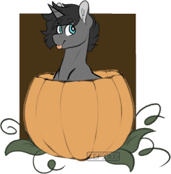 Size: 1123x1142 | Tagged: safe, artist:liefsong, imported from derpibooru, oc, oc only, oc:wilson, unicorn, :p, ear fluff, male, pumpkin, simple background, stallion, tongue out, transparent background