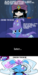 Size: 1024x2015 | Tagged: safe, artist:bunxl, artist:mega-poneo, edit, edited screencap, imported from derpibooru, screencap, trixie, human, pony, unicorn, boast busters, alternate hairstyle, babysitter trixie, cape, clothes, comic, crossover, dialogue, female, game screencap, gameloft interpretation, hand, happy birthday mlp:fim, hat, hoodie, lucy loud, magic, magic hands, mare, meme, mlp fim's tenth anniversary, one eye closed, screencap comic, the loud house, trixie's cape, trixie's hat, wink