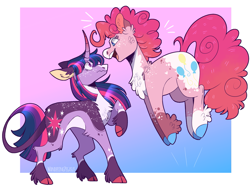 Size: 1985x1503 | Tagged: safe, artist:wanderingpegasus, imported from derpibooru, pinkie pie, twilight sparkle, classical unicorn, earth pony, pony, unicorn, friendship is magic, alternate hairstyle, chest fluff, cloven hooves, curved horn, duo, ear fluff, excited, female, freckles, happy birthday mlp:fim, horn, jumping, leg fluff, leonine tail, lesbian, mare, markings, mlp fim's tenth anniversary, open mouth, raised hoof, redesign, shipping, twinkie, unicorn twilight, unshorn fetlocks