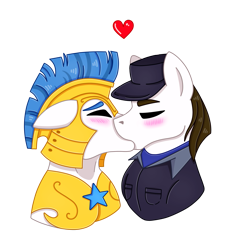 Size: 1799x1838 | Tagged: safe, artist:acuteapoot, imported from derpibooru, oc, oc only, oc:broadshield, oc:rough seas, earth pony, pegasus, pony, armor, blushing, brothers, cap, clothes, eyes closed, floppy ears, gay, hat, heart, helmet, incest, kissing, male, royal guard, shirt, siblings, simple background, stallion, transparent background