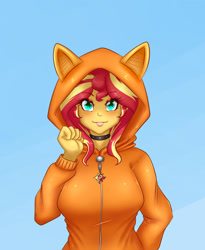 Size: 1800x2200 | Tagged: safe, artist:albertbm, imported from derpibooru, sunset shimmer, equestria girls, breasts, busty sunset shimmer, clothes, collar, costume, cute, eye clipping through hair, female, hoodie, kigurumi, looking at you, shimmerbetes, solo