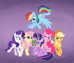 Size: 2000x1710 | Tagged: safe, artist:maybehawthorn, imported from derpibooru, applejack, fluttershy, pinkie pie, rainbow dash, rarity, spike, twilight sparkle, dragon, earth pony, pegasus, pony, unicorn, cute, female, happy birthday mlp:fim, male, mane seven, mane six, mare, mlp fim's tenth anniversary, one eye closed, open mouth, purple background, simple background, sitting, smiling, unicorn twilight