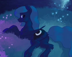 Size: 2500x2000 | Tagged: safe, artist:escapist, imported from derpibooru, princess luna, alicorn, pony, butt, dock, female, flower, frog (hoof), glowing plants, grass, high res, looking at you, looking back, looking back at you, lying down, mare, missing accessory, moonbutt, night, plot, profile, prone, redraw, solo, underhoof, water