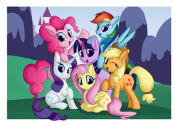 Size: 4370x3100 | Tagged: safe, artist:andelai, imported from derpibooru, applejack, fluttershy, pinkie pie, rainbow dash, rarity, twilight sparkle, pegasus, pony, unicorn, female, happy birthday mlp:fim, lying down, mane six, mane six opening poses, mlp fim's tenth anniversary, one eye closed, redraw, sitting, smiling, wink