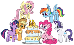 Size: 1884x1142 | Tagged: safe, artist:kleyime, imported from derpibooru, applejack, fluttershy, pinkie pie, rainbow dash, rarity, twilight sparkle, earth pony, pegasus, pony, unicorn, cake, candle, colored, flat colors, food, happy birthday mlp:fim, hoof hold, knife, mane six, mlp fim's tenth anniversary, one eye closed, simple background, unicorn twilight, white background, wink, winking at you