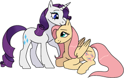 Size: 1073x683 | Tagged: safe, artist:atlantropa, imported from derpibooru, fluttershy, rarity, pegasus, pony, unicorn, cuddling, female, flarity, lesbian, mare, shipping, simple background, transparent background