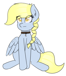 Size: 1387x1582 | Tagged: safe, artist:eyeburn, oc, oc only, oc:windswept skies, pegasus, pony, braid, charm, collar, female, looking at you, mare, not cute, rule 63, simple background, sitting, solo, spread wings, transparent background, wings