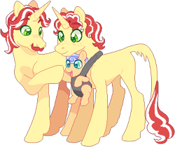 Size: 379x318 | Tagged: safe, artist:atlantropa, imported from derpibooru, flam, flim, oc, oc:ruby rhapsody, pony, unicorn, baby, baby carrier, baby pony, father and child, father and daughter, female, filly, hoofbump, leonine tail, male, missing cutie mark, offspring, parent:flim, parent:sapphire shores, simple background, transparent background, uncle and niece