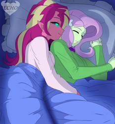 Size: 2800x3000 | Tagged: safe, artist:ponyecho, imported from derpibooru, fluttershy, sunset shimmer, demon, human, equestria girls, bed, clothes, cuddling, duo, duo female, female, glowing eyes, lesbian, night, pajamas, shipping, sleeping, sleeping together, snuggling, spooning, sunset satan, sunshyne