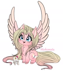 Size: 1566x1818 | Tagged: safe, artist:tawnysweet, artist:tawnysweetarts, imported from derpibooru, oc, oc only, oc:mio, pegasus, pony, cheek fluff, chest fluff, chibi, cute, female, freckles, large wings, mare, simple background, solo, spread wings, unshorn fetlocks, white background, wings