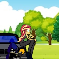 Size: 768x768 | Tagged: safe, artist:felix lynn, artist:thatradhedgehog, imported from derpibooru, sunset shimmer, equestria girls, car, chevrolet chevette, female, lesbian, raven (dc comics), raven (teen titans), shimrav, teen titans