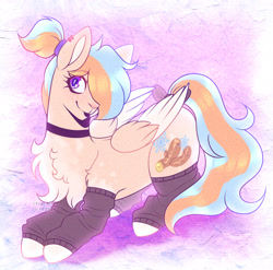 Size: 3540x3492 | Tagged: safe, artist:tuzz-arts, imported from derpibooru, oc, oc only, oc:cool ginger, pegasus, pony, blue eyes, bow, choker, clothes, colored hooves, colored wings, colored wingtips, ear piercing, earring, femboy, hair over one eye, jewelry, leg warmers, legwarmers, lipstick, male, markings, multicolored hair, nonbinary, pegasus oc, piercing, pony oc, ponytail, purple background, simple background, socks, solo, tail bow, trap, wings