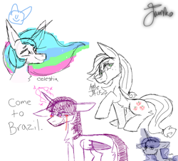 Size: 1100x1000 | Tagged: safe, artist:junko, artist:php163, imported from derpibooru, applejack, princess celestia, princess luna, twilight sparkle, alicorn, earth pony, pony, bleeding eyes, blood, colored sketch, creepypasta, crying, ethereal mane, meme, parody, signature, simple background, sketch, sketch dump, tears of blood, white background, you're going to brazil