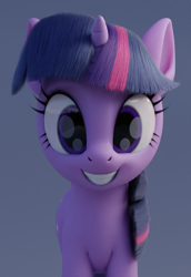 Size: 538x782 | Tagged: safe, artist:therealdjthed, imported from derpibooru, twilight sparkle, pony, unicorn, 3d, blender, cute, female, gray background, grin, looking at you, mare, realistic, simple background, smiling, solo, squee, twiabetes, unicorn twilight