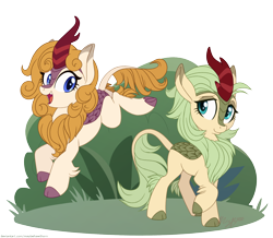 Size: 1616x1406 | Tagged: safe, artist:maybehawthorn, imported from derpibooru, oc, oc only, oc:flash point, oc:sage song, kirin, cute, duo, female, jungle, kirin oc, leaping, looking at each other, mare, ocbetes, signature, simple background, smiling, transparent background