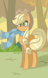 Size: 900x1459 | Tagged: safe, artist:starlight-j, imported from derpibooru, applejack, earth pony, pony, applejack's hat, autumn, clothes, cowboy hat, female, hat, mare, scarf, signature, smiling, solo, tree