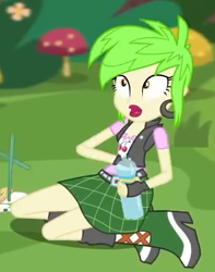 Size: 325x413 | Tagged: safe, imported from derpibooru, screencap, cherry crash, equestria girls, equestria girls series, lost and pound, spoiler:eqg series (season 2), boots, clothes, cropped, ear piercing, earring, female, jewelry, lost and pound: rarity, miniskirt, outdoors, piercing, plaid skirt, shoes, skirt, solo, soo, vest, water bottle