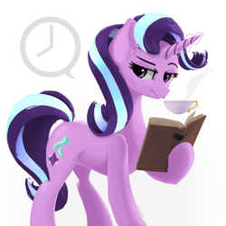 Size: 2048x2048 | Tagged: safe, artist:qzygugu, imported from derpibooru, starlight glimmer, pony, unicorn, book, cup, high res, levitation, looking away, magic, simple background, solo, teacup, telekinesis, white background, wrong eye color