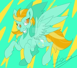 Size: 1280x1127 | Tagged: safe, artist:jynsherlock, imported from derpibooru, lightning dust, pegasus, pony, cutie mark background, deviantart watermark, female, grin, mare, obtrusive watermark, signature, smiling, smirk, solo, spread wings, watermark, wings