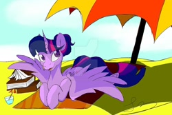 Size: 1280x854 | Tagged: safe, artist:jynsherlock, imported from derpibooru, twilight sparkle, alicorn, pony, beach, book, deviantart watermark, drink, female, lying down, mare, obtrusive watermark, prone, signature, smiling, solo, spread wings, towel, twilight sparkle (alicorn), umbrella, watermark, wings