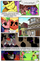 Size: 1800x2740 | Tagged: safe, artist:candyclumsy, imported from derpibooru, king sombra, oc, oc:candy clumsy, oc:king speedy hooves, oc:queen galaxia, oc:queen galaxia (bigonionbean), oc:tommy the human, alicorn, earth pony, pegasus, pony, unicorn, comic:attack on an alicorn, alicorn oc, alley, alleyway, blanket, building, canterlot, child, children, cloaked, colt, comic, commissioner:bigonionbean, covering, cuddling, cute, daaaaaaaaaaaw, dawwww, dialogue, evil, evil grin, father and child, father and son, female, flashback, foal, fusion, fusion:big macintosh, fusion:flash sentry, fusion:king speedy hooves, fusion:princess cadance, fusion:princess celestia, fusion:princess luna, fusion:queen galaxia, fusion:shining armor, fusion:trouble shoes, fusion:twilight sparkle, grin, happy, help, hooded cape, horn, houses, hug, husband and wife, kids, kissing, magic, male, mare, mother and child, mother and son, mysterious, nuzzling, park, random ponies, random pony, sketch, smiling, snuggling, stallion, town, trash, village, wings, writer:bigonionbean
