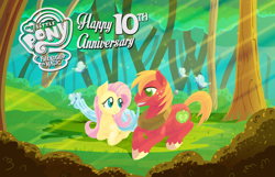 Size: 2160x1390 | Tagged: safe, anonymous artist, imported from derpibooru, big macintosh, fluttershy, butterfly, earth pony, pegasus, pony, series:fm holidays, blanket, crepuscular rays, dust motes, female, fluttermac, forest, happy birthday mlp:fim, lineless, looking at each other, lying down, male, mare, mlp fim's tenth anniversary, mouth hold, my little pony logo, prone, redraw, remake, shipping, stallion, straight, sunlight