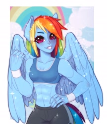 Size: 1250x1450 | Tagged: safe, artist:emmarainbow13, imported from derpibooru, rainbow dash, human, abs, breasts, cleavage, clothes, cloud, eared humanization, female, grin, humanized, pony coloring, rainbow, shorts, signature, sky, smiling, solo, sports bra, sports shorts, tailed humanization, winged humanization, wings, wristband