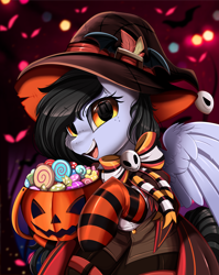 Size: 2550x3209 | Tagged: safe, artist:pridark, imported from derpibooru, part of a set, oc, oc only, pegasus, pony, candy, clothes, commission, food, halloween, hat, high res, holiday, jack-o-lantern, open mouth, pumpkin, socks, solo, striped socks, wings, witch hat, ych result