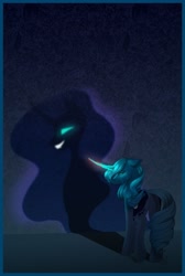 Size: 1024x1528 | Tagged: safe, artist:stormcloud-yt, imported from derpibooru, nightmare moon, princess luna, crying, dark side, duality, evil grin, glowing eyes, glowing horn, grin, horn, shadow, smiling