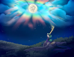 Size: 6540x5040 | Tagged: safe, artist:stormcloud-yt, imported from derpibooru, princess celestia, pony, banishment, cloud, crying, field, full moon, glowing horn, horn, lying down, mare in the moon, moon, night, prone, sad, sky, solo, spread wings, stars, wings