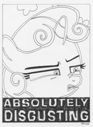 Size: 880x1200 | Tagged: safe, artist:abronyaccount, imported from derpibooru, sweetie belle, pony, the big mac question, absolutely disgusting, black and white, disgusted, faic, female, grayscale, ink drawing, inktober, inktober 2020, lettering, mare, meme, monochrome, reaction image, signature, solo, trace, traditional art