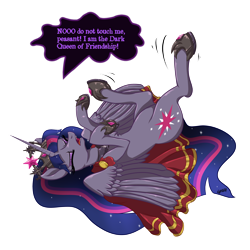 Size: 1920x1920 | Tagged: safe, artist:ghouleh, imported from derpibooru, twilight sparkle, alicorn, pony, the last problem, canon, cloak, clothes, crown, elemement of magic, element of magic, female, hooves in air, i am the night, jewelry, legs in air, mare, princess, princess twilight 2.0, regalia, sharp teeth, silly, silly pony, solo, teeth, twilight sparkle (alicorn), tyrant sparkle, whining