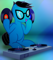 Size: 5772x6600 | Tagged: safe, artist:agkandphotomaker2000, imported from derpibooru, oc, oc:pony video maker, pegasus, pony, dj glasses, pegasus oc, record, show accurate, simple background, sitting, turntable, vinyl disc, vinyl's glasses, wings